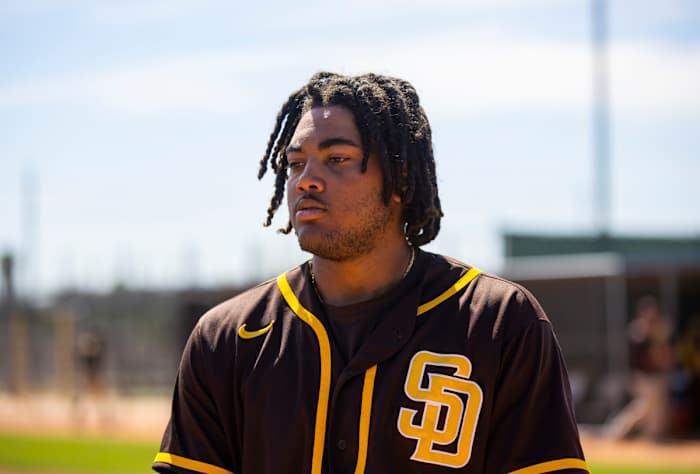 Mar 15, 2022; Peoria, AZ, USA; San Diego Padres outfielder James Wood during spring training workouts at the San Diego Padres Spring Training Complex. Mandatory Credit: Mark J. Rebilas-USA TODAY Sports